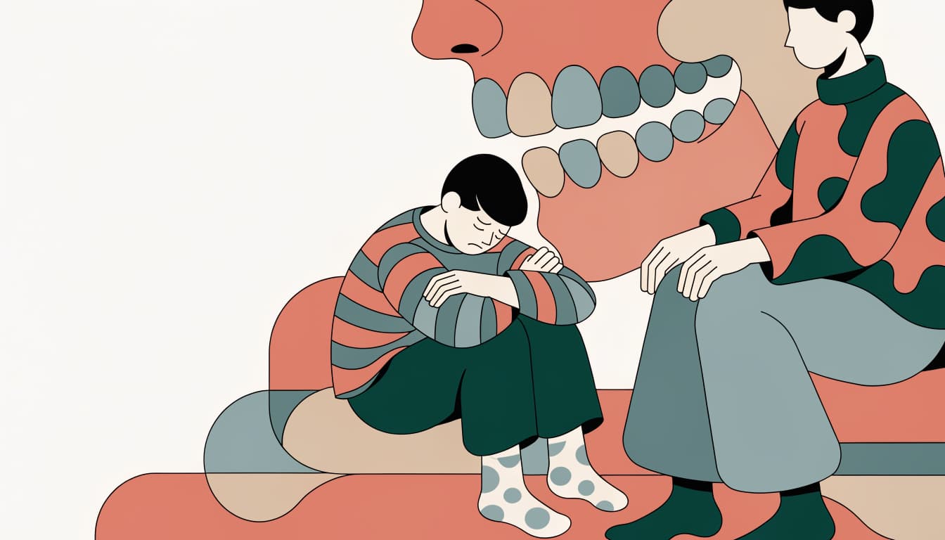 Ilustracja do artykulu „Bruksizm u dzieci – przyczyny, skutki i metody leczenia" – dziecko z rodzicem w gabinecie terapeutycznym, temat: bruksizm u dzieci.