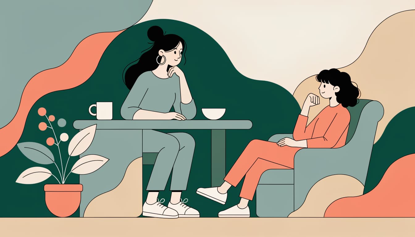 Ilustracja do artykulu „Pierwsza wizyta u terapeuty SI – integracji sensorycznej" – terapeuta i pacjent w gabinecie, spokojna atmosfera pierwszej wizyty.