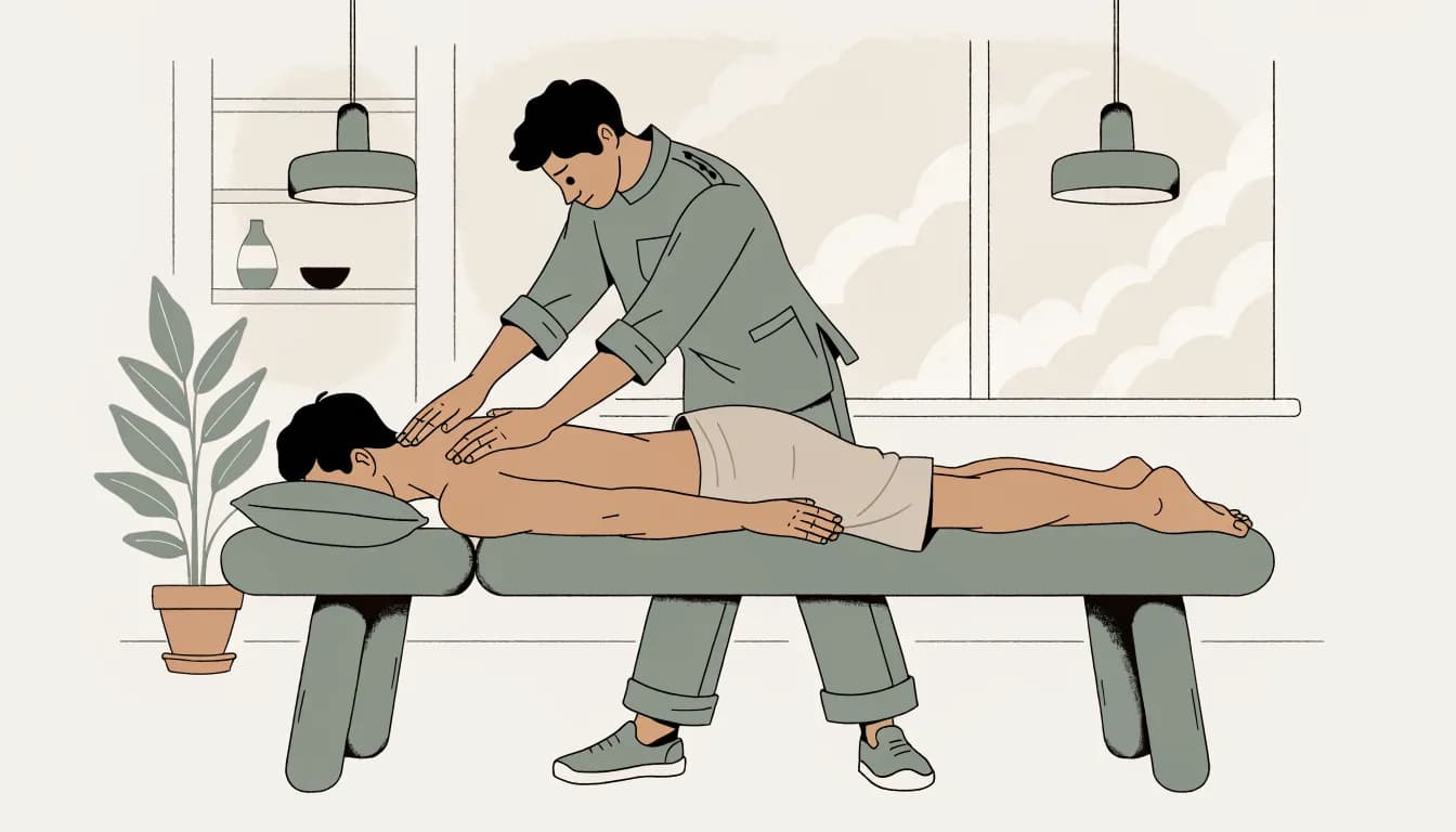 Fizjoterapeuta wykonuje masaż leczniczy karku i barków u dorosłego pacjenta leżącego na kozetce