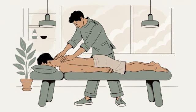 Fizjoterapeuta wykonuje masaż leczniczy karku i barków u dorosłego pacjenta leżącego na kozetce