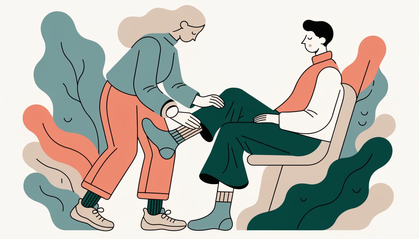 Ilustracja do artykulu „Zwykły upadek – niezwykłe skutki" – fizjoterapeuta lub osteopata pracujacy z pacjentem, technika manualna w obszarze kończyny.