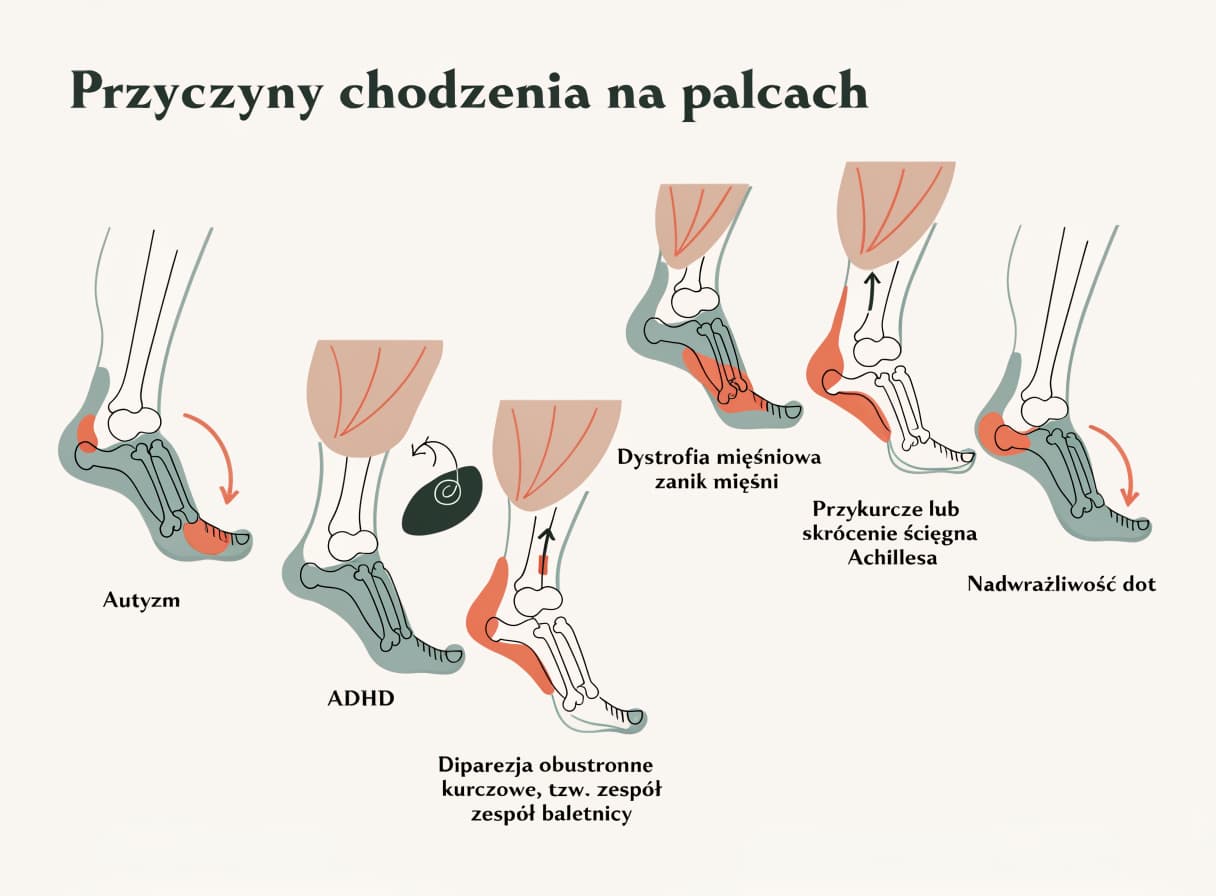 Ilustracja do sekcji „Przyczyny chodzenia na palcach" – diagram przyczynowo-skutkowy, temat: przyczyny chodzenia na palcach.