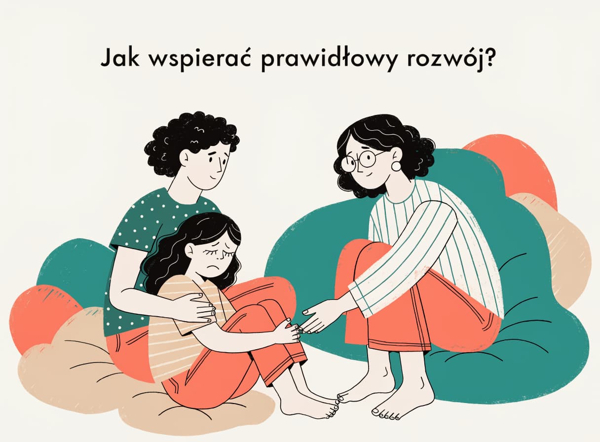 Ilustracja do sekcji „Jak wspierać prawidłowy rozwój?" – terapeuta pracujacy z dzieckiem i rodzicem, temat: jak wspierać prawidłowy rozwój?.