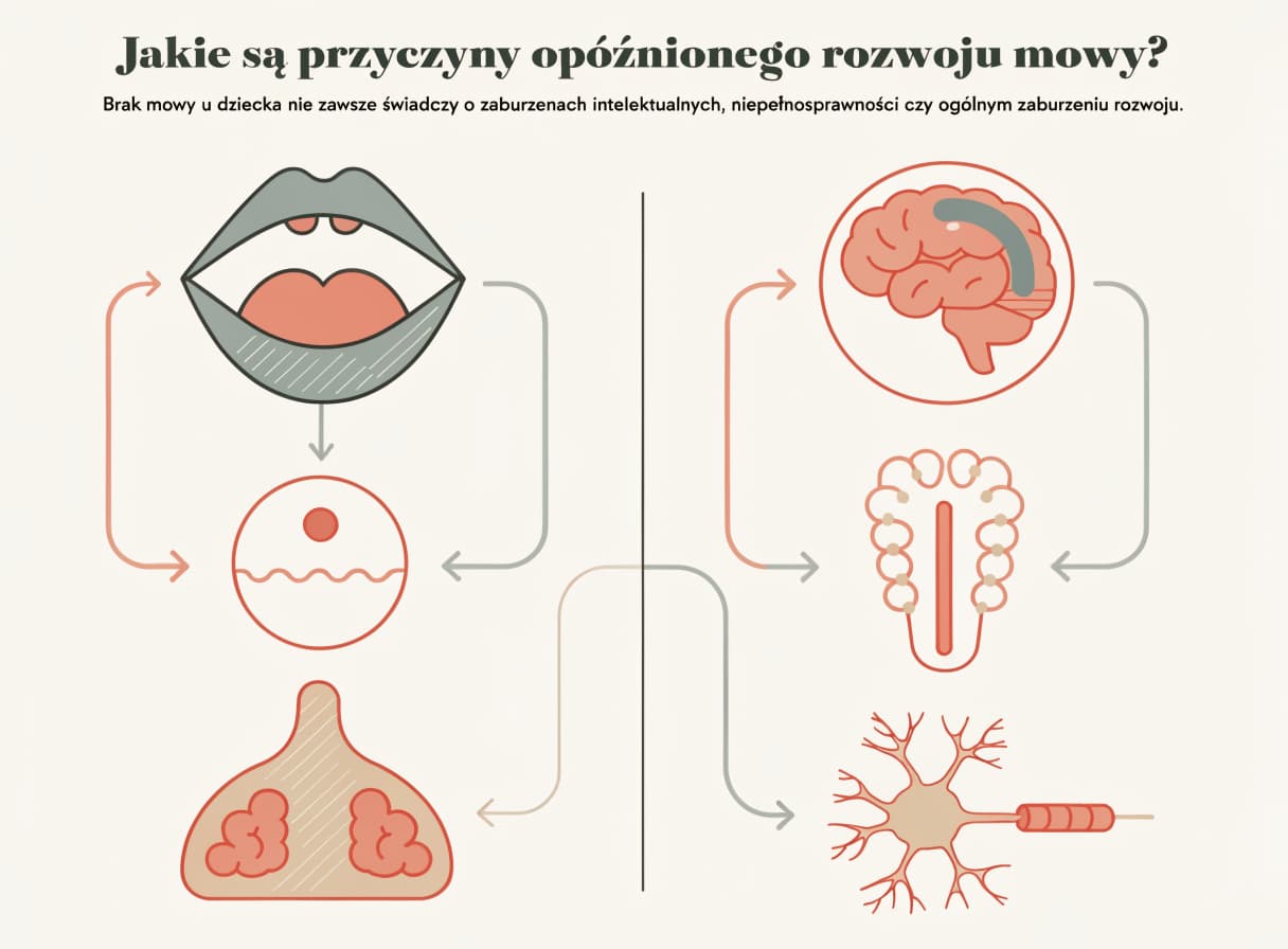 Ilustracja do sekcji „Jakie są przyczyny opóźnionego rozwoju mowy?" – diagram przyczynowo-skutkowy, temat: jakie są przyczyny opóźnionego rozwoju mowy?.