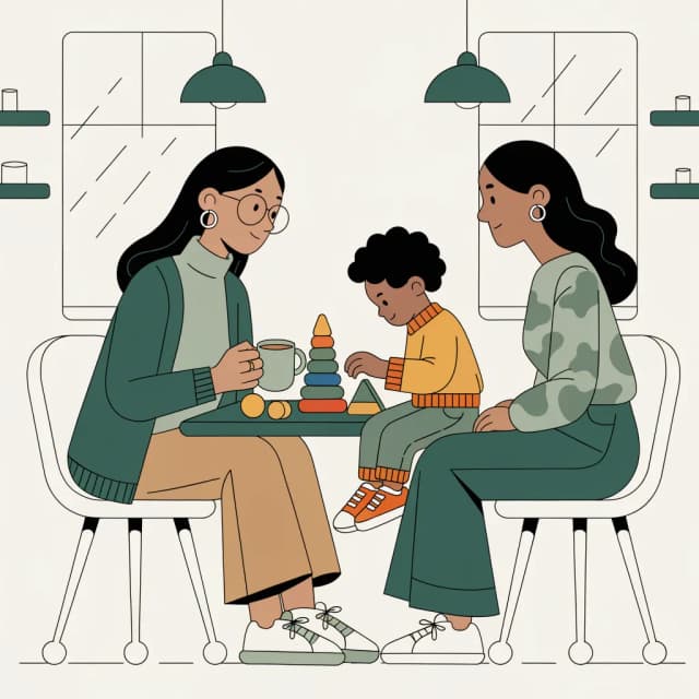 Specjalistka siedzi naprzeciw dziecka przy niskim stoliku z zabawkami diagnostycznymi, obserwując ustrukturyzowaną zabawę w jasnym gabinecie.