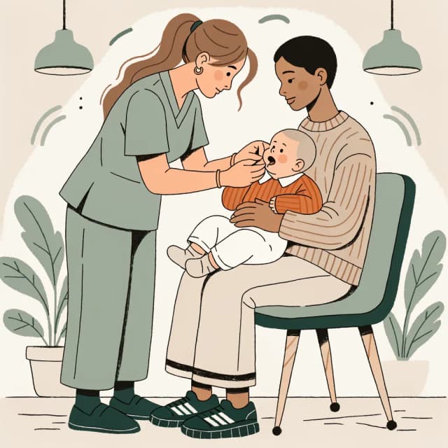 Specjalista pochyla się nad niemowlęciem leżącym na kolanach rodzica, delikatnie badając okolicę jamy ustnej.