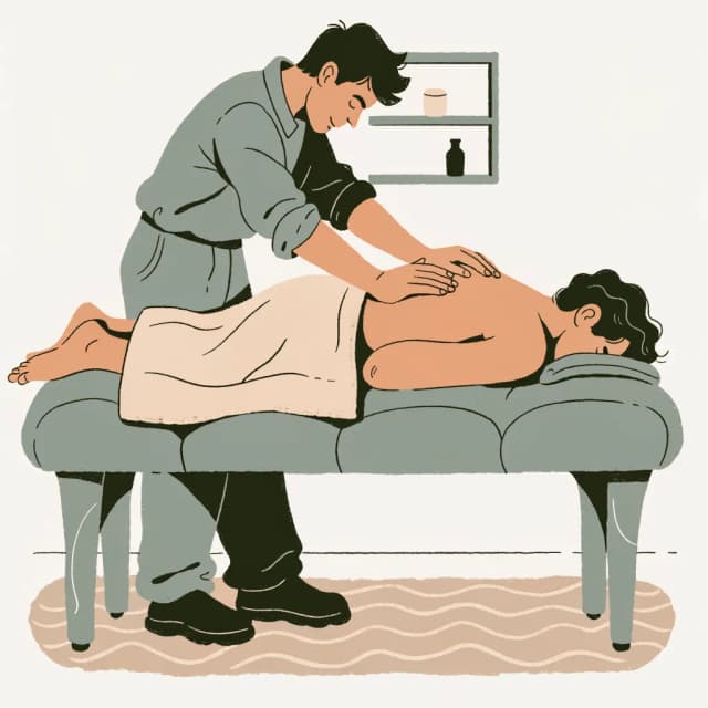 Fizjoterapeuta wykonuje manualną pracę na górnym odcinku pleców dorosłego pacjenta leżącego na stole do masażu.