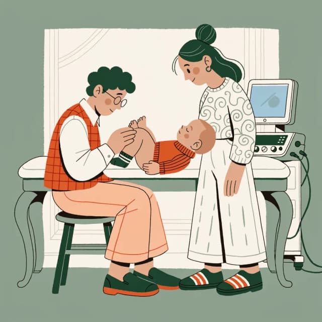 Lekarz ortopeda bada nóżki niemowlęcia leżącego na kozetce, oceniając zakres ruchu; rodzic trzyma rękę na brzuszku dziecka.