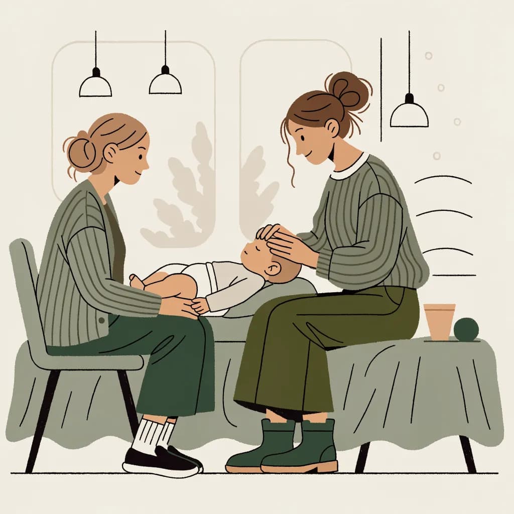 Osteopata układa dłonie na główce niemowlęcia leżącego spokojnie na kozetce, wykonując delikatną technikę czaszkowo-krzyżową.