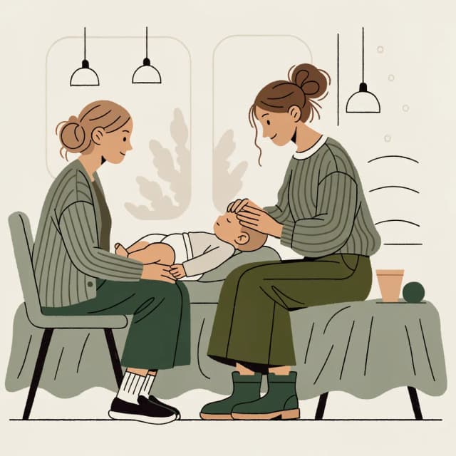 Osteopata układa dłonie na główce niemowlęcia leżącego spokojnie na kozetce, wykonując delikatną technikę czaszkowo-krzyżową.