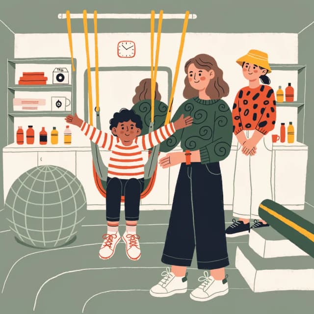 Dziecko buja się na podwieszanej huśtawce terapeutycznej w sali sensorycznej, terapeutka asekuruje z boku.