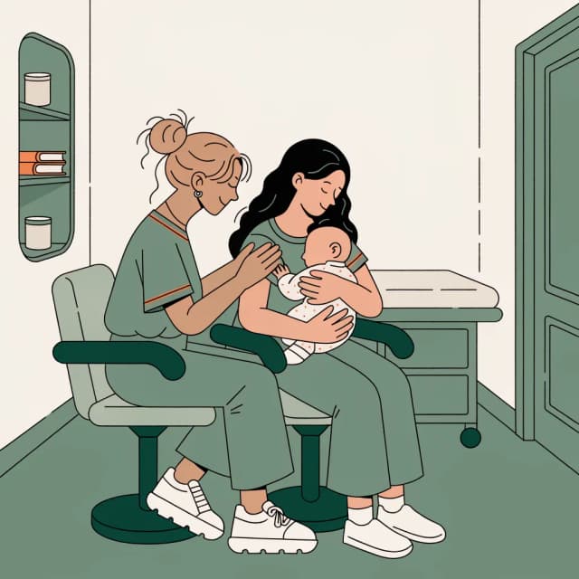 Terapeutka siedzi obok matki karmiącej niemowlę, delikatnie korygując pozycję dziecka.