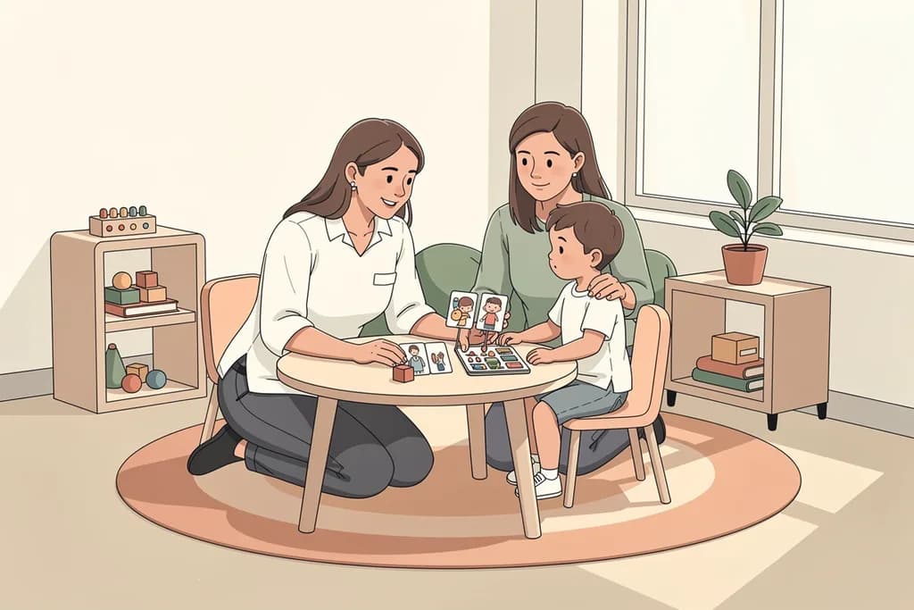 Terapeutka komunikuje się z dzieckiem za pomocą pomocy wizualnych