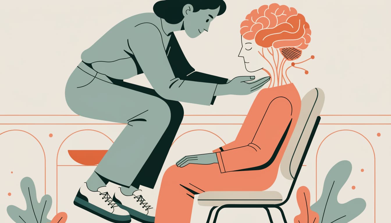 Ilustracja do artykulu „Fizjoterapia neurologiczna po udarze – klucz do powrotu do sprawności" – fizjoterapeuta lub osteopata pracujacy z pacjentem, technika manualna w obszarze mózg.