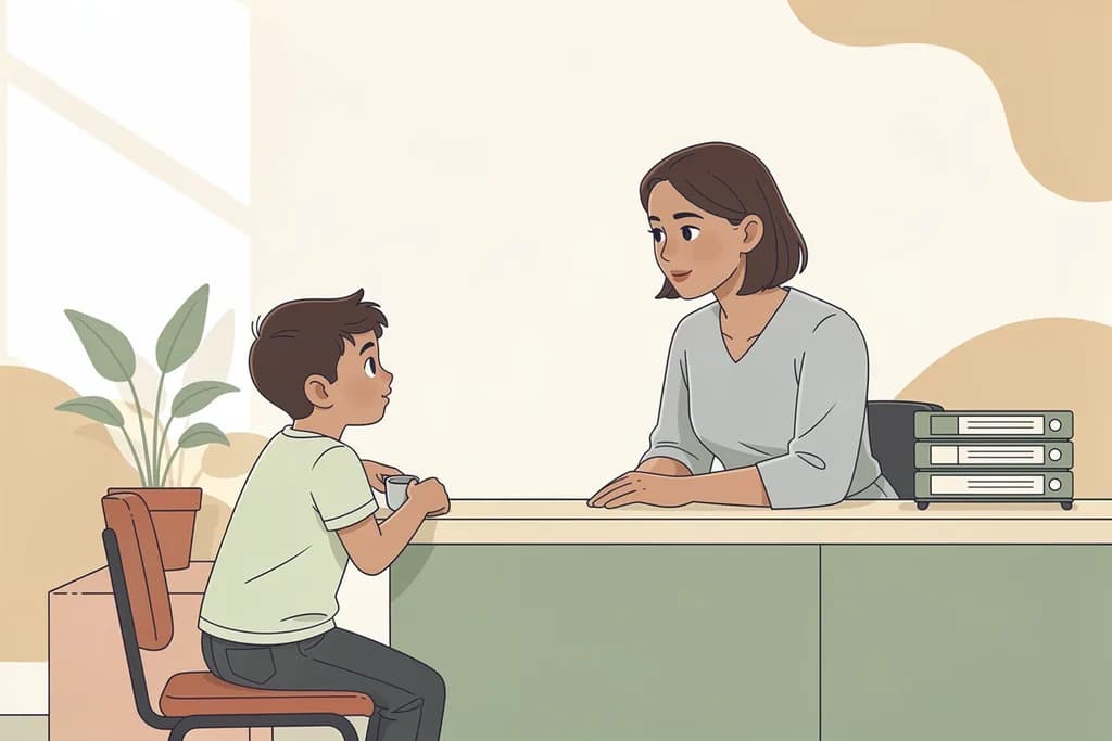 Dziecko w wieku szkolnym rozmawia z recepcjonistką